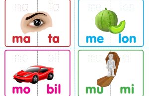 13. Kartu Pintar Membaca Suku Kata Alfabetis Mata, Melon, Mobil, Mumi