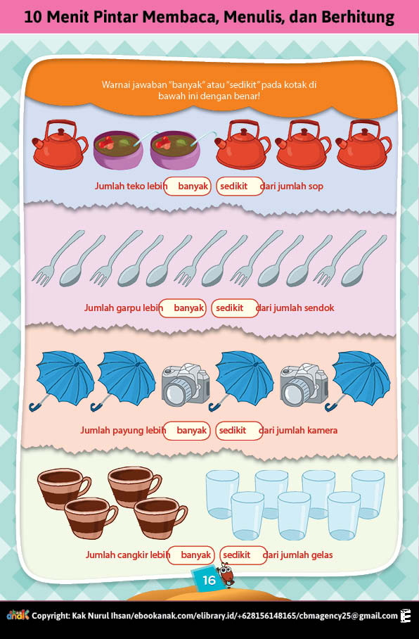 16.10 Menit Pintar Membaca Menulis dan Menghitung; Mengenal Benda Banyak dan Sedikit