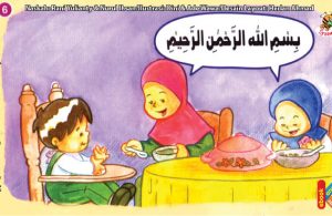 ilustrasi seri kebiasaan anak shalih berdoa sebelum makan
