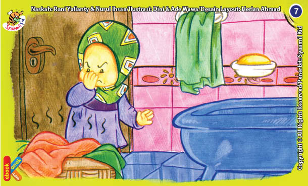 ilustrasi seri kebiasaan anak shalih cepat cuci jika ada pakaian kotor di kamar mandi