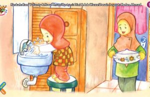 ilustrasi seri kebiasaan anak shalih cucilah tangan sebelum makan