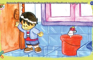 ilustrasi seri kebiasaan anak shalih jika masuk ke kamar mandi jangan lupa menutup pintunya
