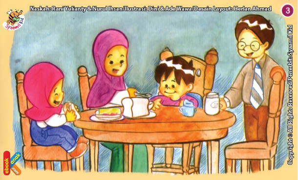 ilustrasi seri kebiasaan anak shalih makan makanan yang halal dan sehat