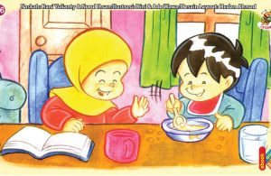 ilustrasi seri kebiasaan anak shalih makan tidak berceceran