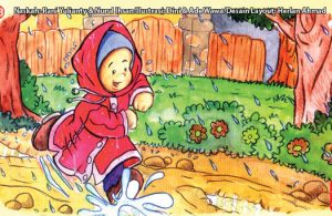 ilustrasi seri kebiasaan anak shalih memakai jas hujan jika turun hujan
