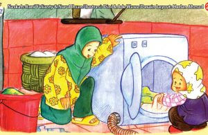 ilustrasi seri kebiasaan anak shalih mencuci pakaian agar bersih dari kuman