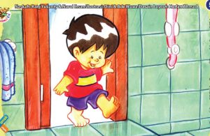ilustrasi seri kebiasaan anak shalih mendahulukan kaki kiri ketika masuk ke kamar mandi