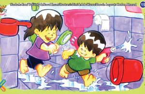 ilustrasi seri kebiasaan anak shalih menghemat air di kamar mandi