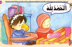 ilustrasi seri kebiasaan anak shalih mengucapkan hamdalah selesai makan