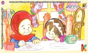 ilustrasi seri kebiasaan anak shalih mengunyah makanan sampai lembut agar mudah dicerna