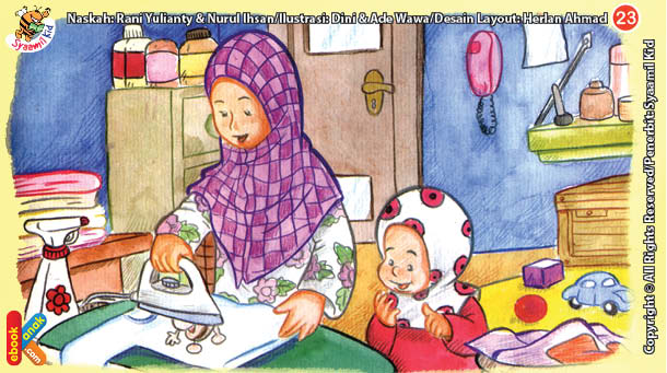 ilustrasi seri kebiasaan anak shalih menyetrika pakaian agar jadi rapi