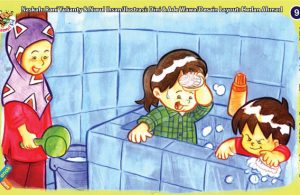 ilustrasi seri kebiasaan anak shalih rutin membersihkan kamar mandi