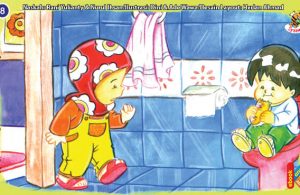 ilustrasi seri kebiasaan anak shalih tidak makan dan minum di kamar mandi