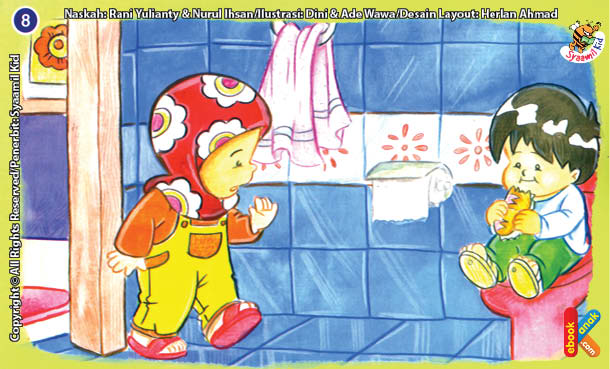ilustrasi seri kebiasaan anak shalih tidak makan dan minum di kamar mandi