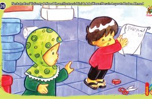 ilustrasi seri kebiasaan anak shalih tidak membawa tulisan al quran ke dalam kamar mandi