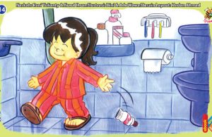 ilustrasi seri kebiasaan anak shalih tidak suka membuang sampah di kamar mandi