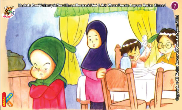 ilustrasi seri kebiasaan anak shalih tidak suka mencela makanan