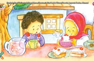 ilustrasi seri kebiasaan anak shalih tidak suka meniup makanan dan minuman panas