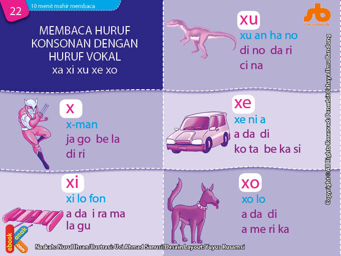 baca dan download gratis 10 menit mahir membaca, Membaca Huruf Konsonan dengan Huruf Vokal xa, xi, xu, xe, xo