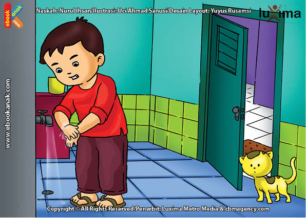 ilustrasi seri belajar islam sejak usia dini ayo belajar berwudhu, Ketika Berwudhu, Alif Mencuci Kedua Telapak Tangan