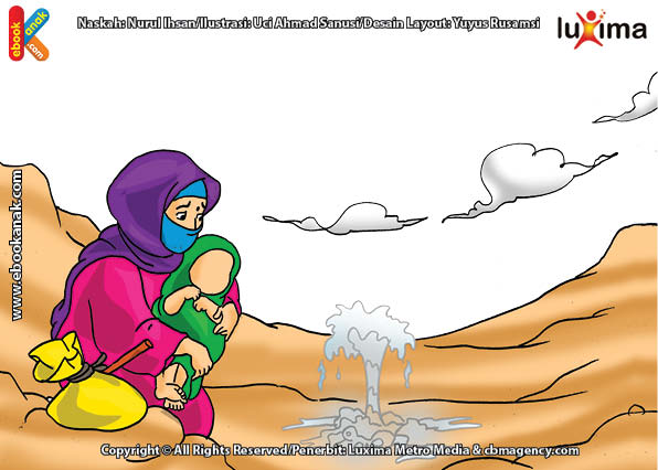 ilustrasi seri belajar islam sejak usia dini mengenal asmaul husna, Allah Menolong Nabi Ismail yang Kehausan di Tengah Padang Pasir