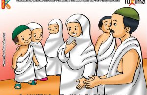 ilustrasi seri belajar islam sejak usia dini mengenal rukun islam, Jamaah Haji Berpakaian Putih Saat Melakukan Ihram