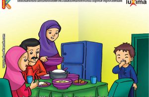ilustrasi seri belajar islam sejak usia dini mengenal rukun islam, Meski Masih Mengantuk, Alif Bangun Malam untuk Makan Sahur