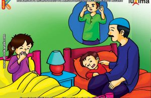 ilustrasi seri belajar islam sejak usia dini ayo kita shalat, Alif dan Keluarga Bangun Subuh untuk Shalat Subuh Berjamaah