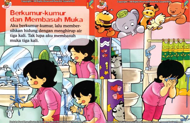 ebook seri fiqih anak asyiknya aku berwudhu, Bagaimana Aku Berkumur-kumur dan Basuh Muka Saat Wudhu