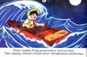 8. Ombak besar menghantam perahu pong, Seri Dongeng Buah Hati, Pong Anak Nelayan revisi 19 april 2023
