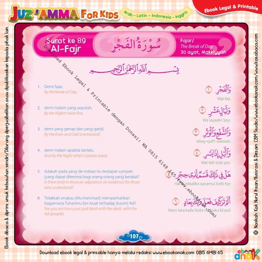 Download Ebook Legal dan Printable Juz Amma for Kids, Surat ke-89 Al-Fajr