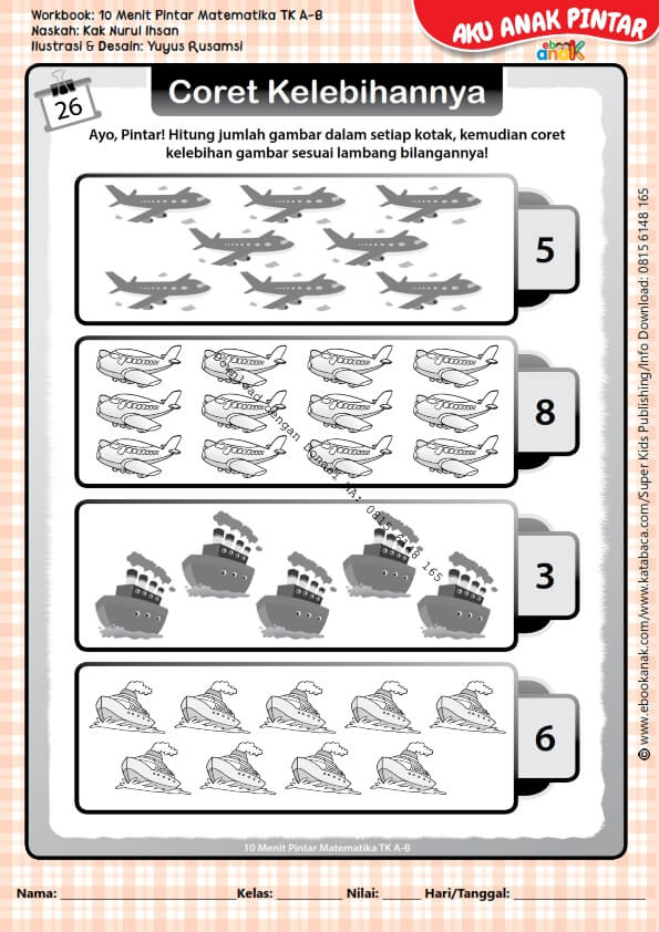 Workbook 10 Menit Pintar Matematika TK A-B, Coret Kelebihannya (29)
