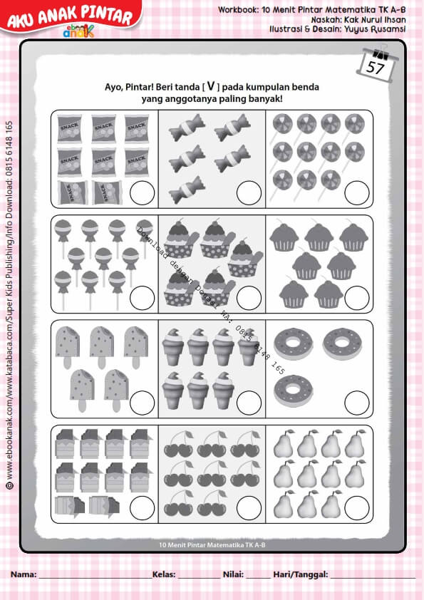 Workbook 10 Menit Pintar Matematika TK A-B, Kumpulan Benda Paling Banyak (60)