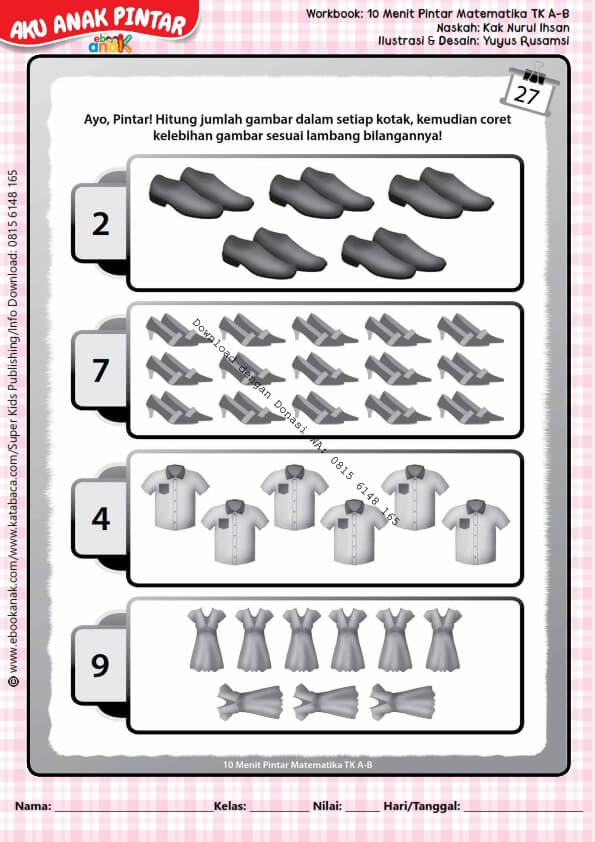 Workbook 10 Menit Pintar Matematika TK A-B, Mencoret Kelebihan Gambar (30)