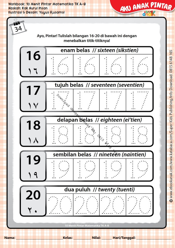 Workbook 10 Menit Pintar Matematika TK A-B, Menuliskan Bilangan 16-20 (37)