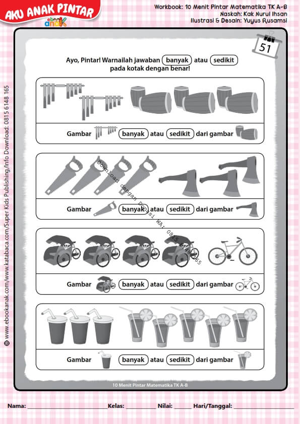 Workbook 10 Menit Pintar Matematika TK A-B, Mewarnai Kata Banyak atau Sedikit (54)